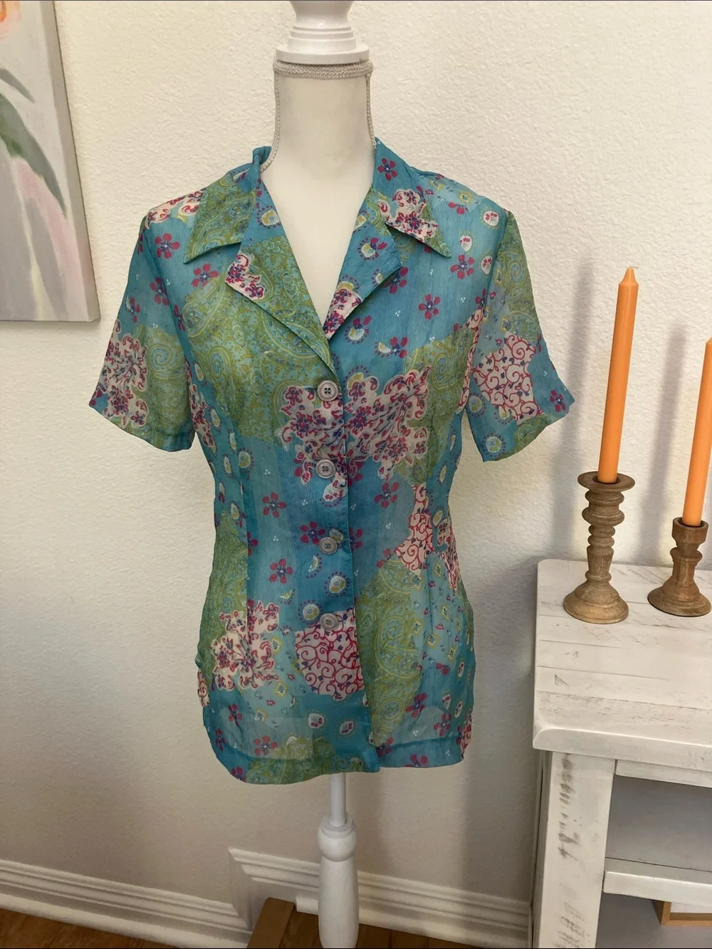 Vintage Y2K Women's Teal Floral Paisley Button-Down Blouse